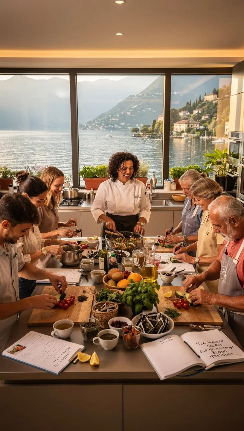 Vista di un giardino di tè durante la stagione primaverile, con piante rigogliose e fioriture.